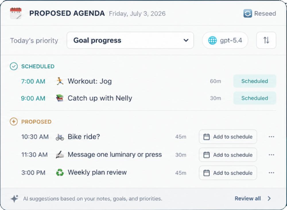 Amplenote proposed agenda with AI-suggested tasks ready to add to your calendar